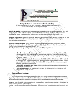 Image: Systematic & Simultaneous Levels of testing.
            (The ticked options are the ones where Black box testers are required and the
                       other performed by the developers usually).


Unit level testing: A unit is defined as smallest part of an application. In this level of testing, each and
every program will be tested in order to confirm whether the conditions, functions and loops etc are
working fine or not. Usually the white box testers or developers are the performers at this level.

Module level testing: A module is defined as a group of related features to perform a major task. At this
level the modules are sent to the testing department and the test engineers will be validating the
functional part of the modules.

Integration level testing: At this level the developers will be developing the interfaces in order to
integrate the tested modules. While Integrating the modules they will test whether the interfaces that
connect the modules are functionally working or not.
Usually, the developers opt to integrate the modules in the following methods,


             Top down Approach: In this approach the parent modules are developed first and then
            the corresponding child modules will be developed. In case while integrating the modules if
            any mandatory module is missing then that is replaced with a temporary program called stub,
            to facilitate testing.
             Bottom up approach: In this approach the child modules will be developed first and will
            be integrated back to the parent modules. While integrating the modules in this way, if at all
            any mandatory module is missing, then that module is replaced with a temporary program
            known as driver to facilitate testing.
             Hybrid or Sandwich approach: In this approach both the TD & BU approaches will be
            mixed due to several reasons.
             Big Bang approach: In this approach one wait till all the modules are developed and
            integrate them finally at a time.

     System Level testing :

    Arguably, the Core of the testing comes in this level. Its a major phase in this testing level, because
depending on the requirement and afford-ability of the company, Automation testing, load, performance
& stress testing etc will be carried out in this phase which demands additional skills from a tester.

System: Once the stable complete application is installed into an environment, then as a whole it can be
called as a system (envt. + Application)
 At SLS level, the test engineers will perform many different types of testing, but the most Important one
is,
 