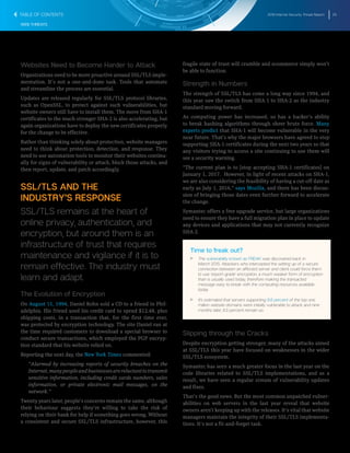 2016 Internet Security Threat Report 25
WEB THREATS
Websites Need to Become Harder to Attack
Organizations need to be more proactive around SSL/TLS imple-
mentation. It’s not a one-and-done task. Tools that automate
and streamline the process are essential.
Updates are released regularly for SSL/TLS protocol libraries,
such as OpenSSL, to protect against such vulnerabilities, but
website owners still have to install them. The move from SHA-1
certificates to the much stronger SHA-2 is also accelerating, but
again organizations have to deploy the new certificates properly
for the change to be effective.
Rather than thinking solely about protection, website managers
need to think about protection, detection, and response. They
need to use automation tools to monitor their websites continu-
ally for signs of vulnerability or attack, block those attacks, and
then report, update, and patch accordingly.
SSL/TLS AND THE
INDUSTRY’S RESPONSE
SSL/TLS remains at the heart of
online privacy, authentication, and
encryption, but around them is an
infrastructure of trust that requires
maintenance and vigilance if it is to
remain effective. The industry must
learn and adapt.
The Evolution of Encryption
On August 11, 1994, Daniel Kohn sold a CD to a friend in Phil-
adelphia. His friend used his credit card to spend $12.48, plus
shipping costs, in a transaction that, for the first time ever,
was protected by encryption technology. The site Daniel ran at
the time required customers to download a special browser to
conduct secure transactions, which employed the PGP encryp-
tion standard that his website relied on.
Reporting the next day, the New York Times commented:
“Alarmed by increasing reports of security breaches on the
Internet,manypeopleandbusinessesarereluctanttotransmit
sensitive information, including credit cards numbers, sales
information, or private electronic mail messages, on the
network.”
Twenty years later, people’s concerns remain the same, although
their behaviour suggests they’re willing to take the risk of
relying on their bank for help if something goes wrong. Without
a consistent and secure SSL/TLS infrastructure, however, this
fragile state of trust will crumble and ecommerce simply won’t
be able to function.
Strength in Numbers
The strength of SSL/TLS has come a long way since 1994, and
this year saw the switch from SHA-1 to SHA-2 as the industry
standard moving forward.
As computing power has increased, so has a hacker’s ability
to break hashing algorithms through sheer brute force. Many
experts predict that SHA-1 will become vulnerable in the very
near future. That’s why the major browsers have agreed to stop
supporting SHA-1 certificates during the next two years so that
any visitors trying to access a site continuing to use them will
see a security warning.
“The current plan is to [stop accepting SHA-1 certificates] on
January 1, 2017. However, in light of recent attacks on SHA-1,
we are also considering the feasibility of having a cut-off date as
early as July 1, 2016,” says Mozilla, and there has been discus-
sion of bringing those dates even further forward to accelerate
the change.
Symantec offers a free upgrade service, but large organizations
need to ensure they have a full migration plan in place to update
any devices and applications that may not currently recognize
SHA-2.
Time to freak out?
T   T The vulnerability known as FREAK was discovered back in
March 2015. Attackers who intercepted the setting up of a secure
connection between an affected server and client could force them
to use ‘export-grade’ encryption, a much weaker form of encryption
than is usually used today, therefore making the transacted
message easy to break with the computing resources available
today.
T   T It’s estimated that servers supporting 9.6 percent of the top one
million website domains were initially vulnerable to attack and nine
months later, 8.5 percent remain so.
Slipping through the Cracks
Despite encryption getting stronger, many of the attacks aimed
at SSL/TLS this year have focused on weaknesses in the wider
SSL/TLS ecosystem.
Symantec has seen a much greater focus in the last year on the
code libraries related to SSL/TLS implementations, and as a
result, we have seen a regular stream of vulnerability updates
and fixes.
That’s the good news. But the most common unpatched vulner-
abilities on web servers in the last year reveal that website
owners aren’t keeping up with the releases. It’s vital that website
managers maintain the integrity of their SSL/TLS implementa-
tions. It’s not a fit-and-forget task.
TABLE OF CONTENTS
 