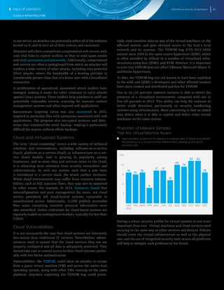 2016 Internet Security Threat Report 65
CLOUD & INFRASTRUCTURE
to one server, an attacker can potentially infect all of the websites
hosted on it, and in turn all of their visitors and customers.
Attackers will often contaminate compromised web servers with
code that links to exploit toolkits, or they to send spam emails
and steal usernames and passwords. Additionally, compromised
web servers are often a springboard from which an attacker will
conduct a wide variety of other attacks, including very powerful
DDoS attacks, where the bandwidth of a hosting provider is
considerably greater than that of a home-user with a broadband
connection.
A proliferation of specialized, automated attack toolkits have
emerged, making it easier for cyber criminals to carry attacks
against Linux systems. These toolkits help attackers to sniff-out
potentially vulnerable servers, scanning for insecure content
management systems and other exposed web applications.
Ransomware targeting Linux was also uncovered in 2015,
targeted in particular files with extensions associated with web
applications. The program also encrypted archives and direc-
tories that contained the word ‘backup,’ making it particularly
difficult for anyone without offsite backups.
Cloud and Virtualized Systems
The term “cloud computing” covers a wide variety of technical
solutions and environments, including software-as-a-service
(SaaS), platform-as-a-service (PaaS), or infrastructure-as-a-ser-
vice (IaaS) models. IaaS is growing in popularity among
businesses, and as more data and services move to the cloud,
it is attracting more attention from security researchers and
cybercriminals. As with any system, each time a new layer
is introduced to a service stack, the attack surface increases.
While cloud environments may suffer from common vulnera-
bilities, such as SQL injection flaws, they may also be impacted
by other issues. For example, in 2015, Symantec found that
misconfiguration and poor management (by users, not cloud
service providers) left cloud-hosted systems vulnerable to
unauthorized access. Additionally, 11,000 publicly accessible
files―some containing sensitive personal information―were
also unearthed. Stolen credentials for cloud-based systems are
regularly traded on underground markets, typically for less than
US$10.
Cloud Vulnerabilities
It is not necessarily the case that cloud systems are inherently
less-secure than traditional IT services. Nevertheless, admin-
istrators need to ensure that the cloud services they use are
properly configured and all data is adequately protected. They
should take care to control access to their cloud systems, prefer-
ably with two-factor authentication.
Vulnerabilities, like VENOM, could allow an attacker to escape
from a guest virtual machine (VM) and access the native host
operating system, along with other VMs running on the same
platform. Attackers exploiting the VENOM bug could poten-
tially steal sensitive data on any of the virtual machines on the
affected system, and gain elevated access to the host’s local
network and its systems. The VENOM bug (CVE-2015-3456)
existed since 2004 in the open-source hypervisor QEMU, which
is often installed by default in a number of virtualized infra-
structures using Xen, QEMU, and KVM. However, it is important
to note that VENOM does not affect VMware, Microsoft Hyper-V,
and Bochs hypervisors.
To date, the VENOM bug has not known to have been exploited
in the wild, and QEMU’s developers and other affected vendors
have since created and distributed patches for VENOM.
One in six (16 percent) malware variants is able to detect the
presence of a virtualized environment, compared with one in
five (20 percent) in 2014. This ability can help the malware to
better evade detection, particularly on security sandboxing
systems using virtualization. More concerning is that an attack
may detect when it is able to exploit and infect other virtual
machines on the same system.
Proportion of Malware Samples
That Are Virtual Machine Aware
T   T Approximately 16 percent of malware is routinely able to detect and identify
the presence of a virtual machine environment, peaking at around 22
percent in Q4.
5
10
15
20
25%
DECNOVOCTSEPAUGJULJUNMAYAPRMARFEBJAN
2015
16
15
16
8
17 17
12
20
19
22 22
16
Having a robust security profile for virtual systems is now more
important than ever. Virtual machines and cloud services need
securing in the same way as other services and devices. Policies
should cover the virtual infrastructure as well as the physical
one, and the use of integrated security tools across all platforms
will help to mitigate such problems in the future.
TABLE OF CONTENTS
 
