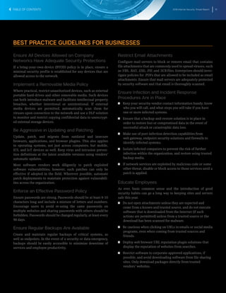2016 Internet Security Threat Report 72
Ensure All Devices Allowed on Company
Networks Have Adequate Security Protections
If a bring-your-own-device (BYOD) policy is in place, ensure a
minimal security profile is established for any devices that are
allowed access to the network.
Implement a Removable Media Policy
Where practical, restrict unauthorized devices, such as external
portable hard-drives and other removable media. Such devices
can both introduce malware and facilitate intellectual property
breaches, whether intentional or unintentional. If external
media devices are permitted, automatically scan them for
viruses upon connection to the network and use a DLP solution
to monitor and restrict copying confidential data to unencrypt-
ed external storage devices.
Be Aggressive in Updating and Patching
Update, patch, and migrate from outdated and insecure
browsers, applications, and browser plugins. This also applies
to operating systems, not just across computers, but mobile,
ICS, and IoT devices as well. Keep virus and intrusion preven-
tion definitions at the latest available versions using vendors’
automatic updates.
Most software vendors work diligently to patch exploited
software vulnerabilities; however, such patches can only be
effective if adopted in the field. Wherever possible, automate
patch deployments to maintain protection against vulnerabili-
ties across the organization.
Enforce an Effective Password Policy
Ensure passwords are strong. Passwords should be at least 8-10
characters long and include a mixture of letters and numbers.
Encourage users to avoid re-using the same passwords on
multiple websites and sharing passwords with others should be
forbidden. Passwords should be changed regularly, at least every
90 days.
Ensure Regular Backups Are Available
Create and maintain regular backups of critical systems, as
well as endpoints. In the event of a security or data emergency,
backups should be easily accessible to minimize downtime of
services and employee productivity.
Restrict Email Attachments
Configure mail servers to block or remove email that contains
file attachments that are commonly used to spread viruses, such
as .VBS, .BAT, .EXE, .PIF, and .SCR files. Enterprises should inves-
tigate policies for .PDFs that are allowed to be included as email
attachments. Ensure that mail servers are adequately protected
by security software and that email is thoroughly scanned.
Ensure Infection and Incident Response
Procedures Are in Place
T  T Keep your security vendor contact information handy; know
who you will call, and what steps you will take if you have
one or more infected systems.
T  T Ensure that a backup-and-restore solution is in place in
order to restore lost or compromised data in the event of
successful attack or catastrophic data loss.
T  T Make use of post-infection detection capabilities from
web gateway, endpoint security solutions and firewalls to
identify infected systems.
T  T Isolate infected computers to prevent the risk of further
infection within the organization, and restore using trusted
backup media.
T  T If network services are exploited by malicious code or some
other threat, disable or block access to those services until a
patch is applied.
Educate Employees
As ever, basic common sense and the introduction of good
security habits can go a long way to keeping sites and servers
safe this year.
T  T Do not open attachments unless they are expected and
come from a known and trusted source, and do not execute
software that is downloaded from the Internet (if such
actions are permitted) unless from a trusted source or the
download has been scanned for malware.
T  T Be cautious when clicking on URLs in emails or social media
programs, even when coming from trusted sources and
friends.
T  T Deploy web browser URL reputation plugin solutions that
display the reputation of websites from searches.
T  T Restrict software to corporate-approved applications, if
possible, and avoid downloading software from file sharing
sites. Only download packages directly from trusted
vendors’ websites.
BEST PRACTICE GUIDELINES FOR BUSINESSES
TABLE OF CONTENTS
 