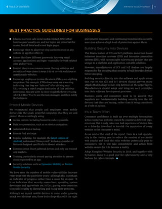 2016 Internet Security Threat Report 73
T  T Educate users on safe social media conduct. Offers that
look too good usually are, and hot topics are prime bait for
scams. Not all links lead to real login pages.
T  T Encourage them to adopt two-step authentication on any
website or app that offers it.
T  T Ensure they have different passwords for every email
account, applications and login―especially for work-related
sites and services.
T  T Remind then to use common sense. Having antivirus and
security software doesn’t mean it is ok to visit malicious or
questionable websites.
T  T Encourage employees to raise the alarm if they see anything
suspicious. For example, if Windows users see a warning
indicating that they are “infected” after clicking on a
URL or using a search engine (indicative of fake antivirus
infections), educate users to close or quit the browser using
Alt-F4, CTRL+W or to use the task manager, and then notify
the helpdesk.
Protect Mobile Devices
We recommend that people and employers treat mobile
devices like the small, powerful computers that they are and
protect them accordingly using:
T  T Access control, including biometrics where possible.
T  T Data loss prevention, such as on-device encryption.
T  T Automated device backup.
T  T Remote find and wipe.
T  T Regular updating. For example, the latest version of
Android, codenamed ‘Honeycomb’, includes a number of
features designed specifically to thwart attackers.
T  T Common sense. Don’t jailbreak devices and only use trusted
app markets.
T  T Training, particularly around paying attention to permis-
sions requested by an app.
T  T Security solutions such as Symantec Mobility or Norton
Mobile Security
We have seen the number of mobile vulnerabilities increase
every year over the past three years―although this is perhaps
an indicator of progress rather than a cause for despair. It
is an indication that security researchers, operating system
developers and app writers are, in fact, paying more attention
to mobile security by identifying and fixing more problems.
Although we expect mobile devices to come under growing
attack over the next year, there is also hope that with the right
preventative measures and continuing investment in security,
users can achieve a high level of protection against them.
Building Security into Devices
The diverse nature of ICS and IoT platforms make host-based
intrusion detection systems (IDS) and intrusion prevention
systems (IPS), with customizable rulesets and policies that are
unique to a platform and application, suitable solutions.
However, manufacturers of ICS and IoT devices are largely
responsible for ensuring that security is built into the devices
before shipping.
Building security directly into the software and applications
that run on the ICS and IoT devices should prevent many
attacks that manage to side-step defenses at the upper layers.
Manufacturers should adopt and integrate such principles
into their software development processes.
Business users and consumers need to be assured that
suppliers are fundamentally building security into the IoT
devices that they are buying, rather than it being considered
as a bolt-on option.
It’s a Team Effort
Consumer confidence is built up over multiple interactions
across numerous websites owned by countless different orga-
nizations. But it only takes one bad experience of stolen data
or a drive-by download to tarnish the reputation of every
website in the consumer’s mind.
As we said at the start of the report, there is a real opportu-
nity in the coming year to reduce the number of successful
web attacks and limit the risks websites potentially pose to
consumers, but it will take commitment and action from
website owners for it to become a reality.
Adopt Complete Website Security in 2016, and together with
Symantec, make it a good year for cybersecurity and a very
bad one for cybercriminals. 
BEST PRACTICE GUIDELINES FOR BUSINESSES
TABLE OF CONTENTS
 
