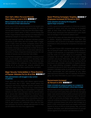 2016 Internet Security Threat Report 6
Over Half a Billion Personal Records
Were Stolen or Lost in 2015
More companies than ever are not reporting
the full extent of their data breaches
At the close of 2015, the world experienced the largest data
breach ever publicly reported. An astounding 191 million
records were exposed. It may have been the largest mega-
breach, but it wasn’t alone. In 2015, a record-setting total
of nine mega-breaches were reported. (A mega-breach is
defined as a breach of more than 10 million records.)
The total reported number of exposed identities jumped
23 percent to 429 million. But this number hides a bigger
story. In 2015, more and more companies chose not to
reveal the full extent of the breaches they experienced.
Companies choosing not to report the number of records
lost increased by 85 percent. A conservative estimate by
Symantec of those unreported breaches pushes the real
number of records lost to more than half a billion.
The fact that companies are increasingly choosing to hold
back critical details after a breach is a disturbing trend.
Transparency is critical to security. While numerous data
sharing initiatives are underway in the security industry,
helping all of us improve our security products and
postures, some of this data is getting harder to collect.
Major Security Vulnerabilities in Three Quarters
of Popular Websites Put Us All at Risk
Web administrators still struggle to stay current
on patches
There were over one million web attacks against people
each and every day in 2015. Many people believe that
keeping to well-known, legitimate websites will keep them
safe from online crime. This is not true. Cybercriminals
continue to take advantage of vulnerabilities in legitimate
websites to infect users, because website administrators
fail to secure their websites. More than 75 percent of all
legitimate websites have unpatched vulnerabilities. Fifteen
percent of legitimate websites have vulnerabilities deemed
‘critical,’ which means it takes trivial effort for cybercrim-
inals to gain access and manipulate these sites for their
own purposes. It’s time for website administrators to step
up and address the risks more aggressively.
Spear-Phishing Campaigns Targeting
Employees Increased 55 Percent in 2015
Cyber attackers are playing the long game
against large companies
In 2015, a government organization or a financial company
targeted for attack once was most likely to be targeted
again at least three more times throughout the year.
Overall, large businesses that experienced a cyber attack
saw an average of 3.6 successful attacks each.
In the last five years, we have observed a steady increase
in attacks targeting businesses with less than 250
employees, with 43 percent of all attacks targeted at small
businesses in 2015, proving that companies of all sizes are
at risk.
It’s not just Fortune 500 companies and nation states at
risk of having IP stolen–even the local laundry service is
a target. In one example, an organization of 35 employees
was the victim of a cyber attack by a competitor. The
competitor hid in their network for two years stealing
customer and pricing information, giving them a signif-
icant advantage. This serves as a clear warning that all
businesses are potentially vulnerable to targeted attacks.
In fact, spear-phishing campaigns targeting employees
increased 55 percent in 2015. No business is without risk.
Attackers motivated purely by profit can be just as tech-
nically sophisticated and well-organized as any nation
state-sponsored attackers. Take, for example, the Butterfly
gang, who steal information to use in stock manipulation.
Ransomware Increased
35 Percent in 2015
Cyber criminals are using encryption as a weapon to
hold companies’ and individuals’ critical data hostage
Ransomware continues to evolve. Last year, we saw Cryp-
to-ransomware (encrypting files) push the less damaging
locker-style ransomware (locking the computer screen) out
of the picture. Crypto-style ransomware grew 35 percent
in 2015. An extremely profitable type of attack, ransom-
ware will continue to ensnare PC users and expand to any
network-connected device that can be held hostage for a
profit. In 2015, ransomware found new targets and moved
beyond its focus on PCs to smart phones, Mac, and Linux
systems. Symantec even demonstrated proof-of-concept
attacks against smart watches and televisions in 2015.
TABLE OF CONTENTS
SHARE
THIS
SHARE
THIS
SHARE
THIS
SHARE
THIS
 
