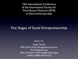 10th International Conference
       of the International Society for
       Third-Sector Research (ISTR)
           at Siena University, Italy




Five Stages of Social Entrepreneurship


                     2012.7.13.
                   Yutaka Tanabe
      NPM (Non Proﬁt Management) Course,
                 Social Engineering,
     Tokyo Institute of Technology, Tokyo Japan
            yutaka.t.aa@m.titech.ac.jp
                                                  1
 