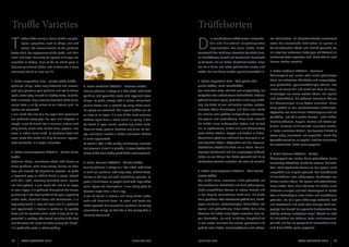 Truffle Varieties

Trüffelsorten

T

(outer skin), the appearance of the gleba, and their

D

ruffles differ mainly in terms of their morpho-

ie verschiedenen Trüffelsorten unterschei-

zen Steinbuchen. Ihr charakteristischer Geschmack

den sich hinsichtlich morphologischer

sowie der aromatische Duft haben sie speziell in

Eigenschaften wie Form, Größe, Farbe,

der französischen Küche sehr beliebt gemacht, wo

Ornamentik des Peridiums, Aussehen der Gleba (inne-

sie unter den schwarzen Gattungen mit Abstand als

smell and taste. Currently 63 species of fungus are

rer Fruchtkörper), Geruch und Geschmack. Derzeit gibt

wertvollste Sorte angesehen wird. Meist wird sie nach

classified as Tubers. Nine of the 25 which grow in

es 63 Sorten, die als ‘Tuber‘ klassifiziert werden. Neun

kurzem Kochen verzehrt.

Italy are considered edible, and of these the 4 most

von 25 in Italien und Istrien gedeihenden Sorten sind

commonly found on sale are (*).

essbar. Nur vier davon werden gezielt vermarktet (*).

logical properties, such as shape, size and
colour, the ornamentation of the peridium

3. Tuber aestivum Vittadini - Scorzone
Überwiegend von runder oder leicht gebuchteter

1. Tuber magnatum Pico - Edle graue oder

1. Tuber magnatum Pico - Prized white truffle

Form, mit schwarzer Oberfläche und ausgeprägten,

Spherical shape, often very flattened and uneven,

3. Tuber aestivum Vittadini - Summer truffle

weiße Trüffel, auch Lauchtrüffel

quer gestreiften, pyramidenförmigen Warzen. Das

with pale yellow or gold peridium and red to brown

Usually spherical in shape or a little lobed, with black

Von rundlicher Form, oft flach und unregelmäßig, mit

Innere ist immer hell und reicht von Rosa bis Braun,

spots, never grey, smooth or slightly warty. Its gleba,

peridium and pyramidal warts with apparent cross

zartgelber oder ockerfarbener Außenfläche, rotbraun

stripes. Its gleba, always light in colour, varies from

gefleckt (niemals grau), glatt oder leicht papillenför-

varies from a milky colour to an intense pink. Its

pink to brown and is crossed by many white veins.

mig. Die Gleba ist von zahlreichen weißen, weitver-

spores are aveolated.

Its spores are aveolated. The largest truffles can be

zweigten Adern durchzogen und kann eine weiße

It can reach the size of a big apple: few specimens

as large as an apple. It is one of the most common

bis intensiv rosa getönte Farbgundlage aufweisen.

are gathered every year, far over one kilogram in

truffles; apart from a short break in spring, it can

Die Sporen sind wabenförmig. Diese Sorte erreicht

weight. It can be found late in summer, autumn and

be found all year round, particularly under oaks,

die Größe eines mittelgroßen Apfels und ist fast

early winter, under oaks, willow trees, poplars, lime

hazelnut trees, poplars, beeches and pines. Its vari-

nur im Spätsommer, Herbst und zum Winteranfang

trees, in rather moist earth. Its particular taste and

ety uncinatum Fischer (= Tuber uncinatum Chatin)

unter Eichen, Weiden, Pappeln und Eschen zu finden.

smell make this truffle the king of cuisine, appreci-

is more appreciated.

Ausnahmen gedeihen während des Sommers in re-

ated worldwide. It is eaten uncooked.

Its scent is light, a little earthy, mushroomy, aromatic

lativ feuchten Böden. Abgesehen von den Regionen

and pleasant. Since it is plentiful, it never fetches the

Norditaliens wächst die Sorte nur in Istrien. Der ein-

prices of the more highly prized Tuber melanosporum.

zigartige Geschmack und die ausgeprägte Duftnote

with numerous, very intensely branched white veins,

2. Tuber melanosporum Vittadini - Prized black

haben sie zur Königin der Küche gemacht und ihr zu

truffle

weltweitem Ansehen verholfen. Sie wird roh verzehrt.

durchzogen von vielen weißen Adern. Die Sporen
sind wabenförmig. Die größeren Exemplare können
die Abmessungen eines Apfels erreichen. Diese
Sorte gehört zu den weitverbreiteten Trüffelarten.
Abgesehen von einer kurzen Frühjahrspause wird sie
ganzjährig - und oft in großen Mengen - unter Eichen,
Haselnussbäumen, Pappeln, Buchen und Kiefern gefunden. Erlesener ist die Varietät ‘uncinatum Fischer‘
(= ‘tuber uncinatum Chatin‘). Der dezente Pilzduft ist
etwas erdig, aromatisch und angenehm. Durch ihre
Quantität erreicht sie im Regelfall nicht das Preisniveau
der wertvolleren ‘tuber melanosporum‘.
4. Tuber brumale Vittadini - Winter
Überwiegend von runder, kaum gebuchteter Form;

Spherical shape, sometimes lobed, with brown or

4. Tuber brumale Vittadini - Winter truffle

black peridium, with close warts, hollow on their

Usually spherical in shape or a little lobed, with black

tops and crossed by longitudinal grooves. Its gleba

or dark iron peridium, with very close, evident warts,

2. Tuber melanosporum Vittadini - Edle franzö-

is brownish grey or reddish black in colour, striped

hollow on the top and with longitudinal grooves. Its

sische Trüffel

with thin, light, intensely branched veins. Spores

gleba is dark brown or greyish black with large white

Von runder Form, manchmal leicht gebuchtet, mit

breiten weißen Adern. Die Sporen sind grätenförmig.

are herringbone. It can reach the size of an apple

veins. Spore are herringbone. It can easily grow to

braunschwarzer Oberfläche und flach gedrungenen,

Diese Trüffel kann ohne Weiteres die Größe eines

or even bigger. It is gathered throughout the winter,

become larger than a hen’s egg.

leicht ausgehöhlten Warzen im oberen Bereich und

Hühnereis erlangen und wird überwiegend im Herbst

particularly in the first months of the year, especially

It can be found in autumn and early winter under

in der länglich verlaufenden Profilrinne. Die Gleba

oder zu Winterbeginn unter Eichen und Nussbäumen

kann graubraun oder schwarzrot gefärbt sein, durch-

gefunden. Sie ist in ganz Südeuropa verbreitet. Duft

zogen von feinen, weitverzweigten, hellen Adern. Die

und Geschmack sind mehr oder weniger stark aus-

Sporen sind grätenförmig. Diese Trüffel kann ohne

geprägt. Der Geruch ist angenehm (insbesonders der

Weiteres die Größe eines Apfels erreichen oder so-

Duft der Gattung ‘moschatum ferry‘). Obwohl sie nicht

gar übertreffen. Sie wird im Winter, hauptsächlich

die Beliebtheit der Gattung ‘tuber melanosporum‘

and therefore the most valuable among the ‘black’.

in den ersten Monaten des Jahres, gesammelt und

genießt, mit der sie gelegentlich verwechselt wird,

It is preferably eaten a short cooking.

gedeiht unter Eichen, Haselnussbäumen und schwar-

wird diese Trüffel gerne gegessen.

under oaks, hazelnut trees and hornbeams. It is
frequently found in Italy and Spain but it is gathered
and appreciated in France in particular. Its specific
taste and its aromatic smell make it very much appreciated in cookery. The French consider it the best

32

ISTRA GOURMET 2013

oaks and hazelnut trees. Its smell and taste are
rather powerful but pleasant (in particular its variety
moschatum Ferry), so that this is the variety that is
normally consumed.

www.istra.com

www.istra.com

eisenfarbige Oberfläche, dunkel bis schwarz. Gut sichtbare, stark abgeflachte Warzen; an den Spitzen leicht
ausgehöhlt und länglich gefurcht. Das Fruchtfleisch
ist dunkelbraun oder schwarzgrau, durchzogen von

ISTRA GOURMET 2013

33

 
