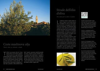 Strade dell’olio
d’oliva
Oro colato per la salute e il palato

L

a tradizione olivicola ci riporta indietro nei

Prestižni talijanski vodič u svijet

secoli, all’epoca in cui gli antichi Romani

maslinovih ulja Flos Olei pozicionira

riconobbero nell’Istria una terra fertile,

Istru u sam svjetski vrh, na visoko 2.

ideale per coltivarvi il più pregiato elisir mediter-

mjesto, odmah iza talijanske Toska-

raneo. Ce lo raccontano i siti archeologici sparsi

ne, u proizvodnji kvalitetnog ekstra

lungo tutta la costa, testimoni dell’ampia capacità

djevičanskog maslinovog ulja.

produttiva che questa terra ha sempre posseduto.
Da allora ad oggi l’olivicoltura si è sviluppata
progressivamente, nella produzione come nella
tutela delle varietà autoctone, nell’offerta e nella
presentazione di prodotti più pregiati.
Secondo i criteri di valutazione applicati a livello
mondiale, l’olio d’oliva istriano è tra i migliori.
Potete apprezzarlo se decidete di seguire la strada
dell’olio d’oliva, con le cantine e gli oleifici dei
migliori olivicoltori istriani, debitamente contras-

Ceste maslinova ulja

segnati. Condivideranno piacevolmente con voi
tutti i segreti del mestiere e poi vi guideranno

mondo dell’extravergine di qualità
accertata, colloca la nostra regione
nella ristretta cerchia delle aree
olivicole a livello mondiale, altresì
al secondo posto dopo la regione
Toscana.
Flos Olei, the prestigious Italian
guide to the world of olive oils, has
included Istria among the best in the
world, ranking it second after the

a degustare il loro olio, autentico oro liquido,

Italian Tuscany in the production of

sinonimo di salute, giovinezza e bellezza!

Tekuće zlato za zdravlje i užitak

T

Flos Olei, la prestigiosa guida al

quality extra virgin olive oil.
Der renommierteste italienische

radicija maslinarstva seže još u davna

tako i u ponudi i prezentaciji najfinijih proizvoda

Führer aus der Welt der Olivenöle,

vremena kada su stari Rimljani prepoznali

od maslina. Istarska ulja prema svjetskim mjeri-

Flos Olei, positionierte Istrien direkt

Istru kao plodno tlo za uzgoj najčuvenijeg

lima spadaju među najkvalitetnija, a isprobati ih

an die Spitze der internationa-

mediteranskog eliksira. Svjedoče o tome arheološ-

možete krenete li put cesta maslina s obilježenim

len Hersteller des hochwertigen

ka nalazišta smještena duž obale, koja pokazuju

uljarama i konobama najboljih istarskih maslinara.

nativen Olivenöls extra, auf den 2.

kako su u Istri tada postojali proizvodni kapaciteti

Sve tajne svog zanata rado će podijeliti s vama,

Platz, gleich nach der italienischen

po veličini jedinstveni na širem području… Od

a zatim slijedi degustacija ulja, tog tekućeg zlata

Toskana.

tada pa do danas maslinarstvo se progresivno ra-

što zdravlje, mladost i ljepotu znači!

zvija, kako u proizvodnji i zaštiti autohtonih vrsta,

56

ISTRA GOURMET 2013

www.istra.com

www.istra.com

ISTRA GOURMET 2013

57

 