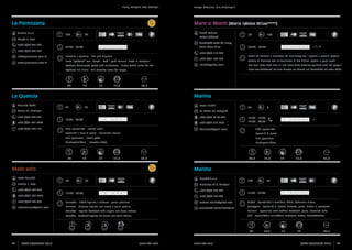 Umag, Novigrad, Buje, Brtonigla

La Parenzana
Guidina d.o.o

Mare e Monti (Melia istrian Villas****)
100

Nenad Kukurin i 		

40

Robert Kličković

Volpija 3, Buje
+385 (0)52 777 460

www.parenzana.com.hr

Melia Istrian Villas

1 2 3 4 5 6 7

+385 (0)52 710 984
Pljukanci s gljivama - Jela pod čripnjom
Pasta “pljukanci” con i funghi - Tutti i piatti cucinati “sotto la campana” 
Pljukanci (homemade pasta) with mushrooms - Dishes baked under the bell

+385 (0)51 687 470
rklicko@yahoo.com

34

15

17

17,5

+385 (0)52 774 114

1 2 3 4 5 6 7

Tartar od brancina s emulzijom od maslinovog ulja i agruma s crvenim paprom
Tartara di branzino con un’emulsione di olio d’oliva, agrumi e pepe rosso
Sea bass tartar with olive oil and citrus fruits dressing sprinkled with red pepper 

75

Davor Buršić

75

50

0

Sv. Anton 38, Novigrad
+385 (0)98 96 90 492

1 2 3 4 5 6 7

12:00 - 24:00

+385 (0)99 812 1267

Riblji specijaliteti - Istarski pršut

12:00 - 15:00
18:30 - 23:00

dbursic75@gmail.com

1 2 3 4 5 6 7

Specialià di pesce

Fish specialties - Istrian pršut

Fish specialties

Fischspezialitäten - Istrischer Pršut

Fischspezialitäten

35

15

17

17,5

70

Biserčić d.o.o

32

17:00 - 23:00

+385 (0)52 779 047

1 2 3 4 5 6 7

17,5

87,5

100

50

nedamarusic@gmail.com

12:00 - 22:00

1 2 3 4 5 6 7

+385 (0)52 779 047

Maneštra - Biftek taglliata s rukolom i grana padanom
Minestra - Bistecca tagliata con rucola e grana padano

restoran.marino@yahoo.com
www.konoba-marino-kremenje.hr

Maneštra - Tagliata beefsteak with arugula and Grana Padano

Divljač - Specijaliteti s tartufima: biftek, čokoladna tortica
Selvaggina - Specialità al tartufo: bistecca, paste, tortino al cioccolato
Venison - Specialties with truffles: beefsteak, pasta, chocolate cake
Wild - Spezialitäten mit Trüffeln: Beefsteak, Nudeln, Schokotörtchen

Maneštra - Beefsteak Taglliata mit Rucola und Grana Padano

34

ISTRA GOURMET 2013

17

Kremenje 96 b, Momjan

+385 (0)52 777 332

92

17,5

Marino

Fratrija 1, Buje

+385 (0)91 732 7429

35,5

84,5

Malo selo

+385 (0)52 777 332

II

Riblji specijaliteti

Specialità a base di pesce - Prosciutto istriano

Neda Marušić

I, II, III

Marina

Fiorini 31, Brtonigla

+385 (0)91 721 7804

09:00 - 24:00

83,5

La Quercia

+385 (0)52 774 455

100

Tartar vom Wolfsbarsch mit einer Emulsion aus Olivenöl und Citrusfrüchte mit rotem Pfeffer

Pljukanci mit Pilzen - Alle Gerichte unter der Kappe

Mauricio Božić

50

Savudrijska cesta bb, Umag	

07:00 - 23:00

+385 (0)52 777 459
info@parenzana.com.hr

Umago, Cittanova, Buie, Verteneglio

www.istra.com

www.istra.com

16,5

17

18

85,5

ISTRA GOURMET 2013

93

 