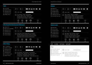 Umag, Novigrad, Buje, Brtonigla

Toni
Ivan Pauletić

Zenon
90

Appello d.o.o.

50

Siparska 8, Savudrija
+385 (0)52 759 570
+385 (0)52 759 570
toni@pu.t-com.hr

Umago, Cittanova, Buie, Verteneglio

12:00 - 24:00

+385 (0)52 774 620

1 2 3 4 5 6 7

+385 (0)95 897 9031

List s konjakom i tartufima - Riblji carpaccio

info@konoba-zenon.com

Sogliola al cognac e tartufi - Carpaccio di pesce

www.konoba-zenon.com

Sole with cognac and truffles - Fish carpaccio

35

16

17

17

+385 (0)52 725 710
+385 (0)52 725 720

60

85

12:00 - 22:00

+385 (0)52 756 060

1 2 3 4 5 6 7

+385 (0)52 756 472
info@zlatna-vala.hr

Home made gnocchetti with delicious sole and small tomatoes

www.zlatna-vala.hr

Hausgemachte Gnocchi mit Seezunge und kleinen Tomaten

35

17

17

18

87

Villa Vilola

www.villa-vilola.hr

80

ISTRA GOURMET 2013

17

86

70

60

09:00 - 24:00

1 2 3 4 5 6 7

Riblja pašteta - Rižot sa škampima i tartufima
Patè di pesce - Risotto agli scampi e tartufi
Fish pate - Risotto with langoustines and truffles
Fischpastete - Risotto mit Scampi und Trüffeln

35

16

17

19

87

Rigo

80

Velika Ulica 5, Novigrad

11:00 - 24:00

1 2 3 4 5 6 7

+385 (0)52 758 681

11:00 - 22:00

1 2 3 4 5 6 7

Riblji specijaliteti - Mesni specijaliteti - Razni kolači kuće

+385 (0)98 804 667

Specialità di pesce - Specialità di carne - Vari dolci della casa

aleksandar.scerbakov@pu.t-com.hr

Degustazioni di prodotti istriani autoctoni

Fish specialties - Meat specialties - Various house cakes 	

www.gourmet-rigo.com

Autochthonous Istrian products tasting

Fischspezialitäten - Fleischspezialitäten - Diverse Kuchen des Hauses

34

102

17

i još... e inoltre... and more... und noch...

Umaška 2 a, Zambratija

villa.vilola@hi.t-com.hr

18

+385 (0)98 403 874
Gnocchetti caserecci con bocconcini di Sogliola e pomodorini

+385 (0)52 759 941

Bistecca con tartufi - Carpaccio di bovino istriano (boškarin)

Sv. Ivan 45, Umag

www.villarosetta.hr

+385 (0)98 433 896

Biftek s tartufima - Carpaccio od boškarina

34

Robert Peroš

70

Domaći njoki sa slasnim zalogajima švoje i malim rajčicama

+385 (0)52 759 940

1 2 3 4 5 6 7

Zlatna vala

info@villarosetta.hr

Vili i Loreta Šaina

16:00 - 23:00

Beefsteak mit Trüffeln - Carpaccio aus boškarin (Rindfleisch)

Villa Rosetta Restaurant Maruzza
Crvena uvala 31, Zambratija

50

Beefsteak with truffles - Istrian cattle (boškarin) Carpaccio	

Seezunge mit Cognac und Trüffeln - Fisch Carpaccio

Kanovele d.o.o.

50

Mlinska 2, Brtonigla

16,5

17

18

Kušaonica autohtonih istarskih proizvoda

Verkostungsort autochtoner istrischer Produkte

85,5

www.istra.com

www.istra.com

ISTRA GOURMET 2013

103

 