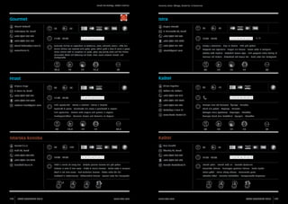 Poreč, Tar-Vabriga, Kaštelir-Labinci

Gourmet
Edvard Deković

Istra
50

Angelo Petretti

30

Eufrazijeva 26, Poreč
+385 (0)52 452 742
+385 (0)98 255 164
edvard.dekovic@pu.t-com.hr
www.divino.hr

11:00 - 24:00

+385 (0)52 434 636

1 2 3 4 5 6 7

+385 (0)91 252 9999

Talijanska kuhinja sa naglaskom na tjestenine, pizze, vrhunska mesna i riblja jela
Cucina italiana con accento sulle paste, pizze, ottimi piatti a base di carne e pesce
Italian cuisine with an emphasis on pasta, pizza, top quality meat and fish dishes
Italienische Küche mit Betonung auf Pasta, Pizza, sowie erlesene Fleisch- und
Fischgerichte

16

17

17,5

restoran.hrast@gmail.com

60

11:00 - 23:00

1 2 3 4 5 6 7

II, III

Jastog s rezancima - Sipe na buzaru - Riba pod pekom
Aragosta con tagliatelle - Seppie alla busera - Pesce sotto la campana  
Lobster with noodles - Cuttlefish buzara style - Fish prepared under baking lid
Hummer mit Nudeln - Tintenfisch auf Buzara Art - Fisch unter der Backglocke

34

15

30

17

17

83

14

+385 (0)52 455 310

1 2 3 4 5 6 7

Riblji specijaliteti - Kozice s rukolom i kozice u konjaku

33

15,5

17

17

1 2 3 4 5 6 7

+385 (0)91 527 2655
+385 (0)52 455 495
kastel@pu.t-com.hr
www.kastel-kastelir.hr

Fischspezialitäten - Garnelen Rucola und Garnelen im Cognac

82,5

Gramper meni (od krumpira) - Šparuge - Maneštra
Menù alle patate - Asparagi - Minestra
Gramper menu (potatoes) - Asparagus - Maneštra
Gramper Menü (aus Kartoffeln) - Spargeln - Maneštra

33

16

17

18

84

Kaštel

Istarska konoba
70

Alen Sinožić

130

Buići 30, Poreč

80

80

Žbandaj 23, Poreč

12:00 - 24:00

+385 (0)52 460 239

1 2 3 4 5 6 7

+385 (0)98 194 3422
buici@ski-tours.hr

10:00 - 24:00

Kaštelir 28, Kaštelir

Fish specialties - Prawns with arugula and prawns in cognac

+385 (0)52 460 020

istra67@gmail.com

Stilver Brgudac

60

Specialità di pesce - Gamberetti alla rucola e gamberetti al cognac

Donato d.o.o.

80

Kaštel

N. Tesle 13, Poreč

+385 (0)98 944 6597

+385 (0)52 451 482

85

Hrast

+385 (0)52 433 797

70

B. Milanovića 30, Poreč

34,5

Mirjana Sluga

Parenzo, Torre - Abrega, Castellier - S.Domenica

+385 (0)98 366 528
Biftek u umaku od crnog vina - Svinjska pisanica Parenzo Jela pod pekom

konoba-kastel@net.hr

12:00 - 23:00

1 2 3 4 5 6 7

Istarski pršut - Istarski ovčji sir - Domaće tjestenine

Bistecca in salsa di vino rosso - Filetto di maiale Parenzo - Delizie sotto la campana

ISTRA GOURMET 2013

Istrian pršut - Istrian sheep cheese - Homemade pasta	

Beefsteak in Rotweinsauce - Schweinefilet Parenzo - Speisen unter der Eisenglocke

108

Prosciutto istriano - Formaggio pecorino istriano - Paste tipiche

Steak in red wine sauce - Pork tenderloin Parenzo - Dishes under the bell

Istrischer Pršut - Istrischer Schafskäse - Hausgemachte Teigwaren

www.istra.com

www.istra.com

ISTRA GOURMET 2013

109

 