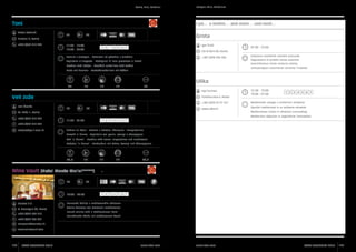 Rovinj, Bale, Kanfanar

Toni
Anton Cetinski

i još... e inoltre... and more... und noch...
30

Grota

40

Driovier 3, Rovinj
+385 (0)52 815 303

Rovigno, Valle, Canfanaro

11:00 - 15:00
18:00 - 23:00

Igor Žužić

1 2 3 4 5 6 7

07:00 - 23:00

Val di Bora bb, Rovinj

Rezanci s jastogom - Medaljoni od grdobine s tartufima

+385 (0)98 506 968

Tagliatelle all’aragosta - Medaglioni di rana pescatrice ai tartufi

Kušaonica autohtonih istarskih proizvoda
Degustazioni di prodotti istriani autoctoni
Autochthonous Istrian products tasting

Noodles with lobster - Monkfish medallions with truffles

Verkostungsort autochtoner istrischer Produkte

Pasta mit Hummer - Seeteufelmedaillons mit Trüffeln

Ulika
35

16

17

17

85
Inja Tucman

Veli Jože

Porečka ulica 6, Rovinj
+385 (0)98 92 97 541

Ivan Šverko

50

50

www.ulika.hr

Sv. Križa 1, Rovinj
+385 (0)52 816 337

12:30 - 15:00
18:00 - 01:00

1 2 3 4 5 6 7

Mediteranski zalogaji u privlačnom ambijentu
Spuntini mediterranei in un ambiente attraente
Mediterranean snacks in attractive surroundings
Mediterrane Häppchen in angenehmer Atmosphäre

11:00 - 01:00

1 2 3 4 5 6 7

+385 (0)52 816 337
velijoze@pu.t-com.hr

Bakalar na bijelo - Rezanci s vrhnjem, škampima i šampinjonima
Baccalà in bianco - Tagliatelle con panna, scampi e champignon
Cod ‘in bianco’ - Noodles with cream, langoustines and mushrooms
Kabeljau ‘in bianco’ - Bandnudeln mit Sahne, Scampi und Champignons

34,5

16

17

19

86,5

Wine Vault (Hotel Monte Mulini*****)
40

19:00 - 24:00

30

1 2 3 4 5 6 7

Maistra d.d.

Francuska kuhinja s mediteranskim otklonom

A. Smareglia bb, Rovinj

Cucina francese con deviazioni mediterranee

+385 (0)52 636 013
+385 (0)52 636 001

French cuisine with a Mediterranean twist
Französische Küche mit mediterranem Touch

winevault@maistra.hr
www.winevault.com

126

ISTRA GOURMET 2013

www.istra.com

www.istra.com

ISTRA GOURMET 2013

127

 