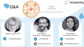 Q&A
Tim Buteyn
President, ThinkingKap
Becky Lucas, CPT
/in/timbuteyn/
thinkingkaplearning.com
Tara Dwyer
eLearning Learning
/in/taradwyer/
elearninglearning.com
/in/beckylucascpt/
eBook
Download
www.ThinkingKapLearning.com/resources
 