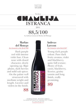 Turkey

ISTRANCA
2011

88,5/100

by Andreas Larsson & Markus del Monego

Markus
del Monego

Andreas
Larsson

Best Sommelier of the World 1998

Best Sommelier of the World 2007

Young dark purple
colour. Pure dark
fruity aromas, violet
and blackberry,
quite full texture.
Plenty of fruit,
cassis, blackberry,
licorice, grainy
tannin and long
finish, really
promising.

Dark purple
red with intense
violet hue. Clean
nose with closed
character, slowly
opening up. Ripe
plums, dark berries
and mild oak spices.
On the palate well
structured with
medium weight and
length. Licorice and
violets in the finish.

89

88

Chamlija Wines - Mustafa Camlica

Yeni Mahalle Bayır Sokak No.30 - Lüleburgaz 39750 - TURKEY
Tel. +90 (0) 288 436 1349
mustafa@iremcamlica.com

 