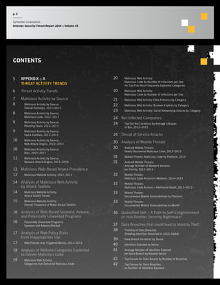 p. 2
Symantec Corporation
Internet Security Threat Report 2014 :: Volume 19
CONTENTS
5	 APPENDIX :: A
THREAT ACTIVITY TRENDS
6		Threat Activity Trends
7		Malicious Activity by Source
8			Malicious Activity by Source:
Overall Rankings, 2012–2013
8			Malicious Activity by Source:
Malicious Code, 2012–2013
9			Malicious Activity by Source:
Phishing Hosts, 2012–2013
9			Malicious Activity by Source:
Spam Zombies, 2012–2013
10			Malicious Activity by Source:
Web Attack Origins, 2012–2013
10			Malicious Activity by Source:
Bots, 2012–2013
11			Malicious Activity by Source:
Network Attack Origins, 2012–2013
12		Malicious Web-Based Attack Prevalence
12			Malicious Website Activity, 2012–2013
14		Analysis of Malicious Web Activity
by Attack Toolkits
14			Malicious Website Activity:
Attack Toolkit Trends
15			Malicious Website Activity:
Overall Frequency of Major Attack Toolkits
16		Analysis of Web-Based Spyware, Adware,
and Potentially Unwanted Programs
16			Potentially Unwanted Programs:
Spyware and Adware Blocked
17		Analysis of Web Policy Risks
from Inappropriate Use
17			Web Policies that Triggered Blocks, 2012–2013
19		Analysis of Website Categories Exploited
to Deliver Malicious Code
19			Malicious Web Activity:
Categories that Delivered Malicious Code
20			Malicious Web Activity:
Malicious Code By Number of Infections per Site
for Top-Five Most Frequently Exploited Categories
20			Malicious Web Activity:
Malicious Code by Number of Infections per Site
21			Malicious Web Activity: Fake Antivirus by Category
22			Malicious Web Activity: Browser Exploits by Category
23			Malicious Web Activity: Social Networking Attacks by Category
24		Bot-Infected Computers
24			Top-Ten Bot Locations by Average Lifespan
of Bot, 2012–2013
26		Denial of Service Attacks
30		Analysis of Mobile Threats
30			Android Mobile Threats:
Newly Discovered Malicious Code, 2012–2013
31			Mobile Threats: Malicious Code by Platform, 2013
31			Android Mobile Threats:
Average Number of Malware Variants
per Family, 2012–2013
32			Mobile Threats:
Malicious Code Actions in Malware, 2012–2013
32			Mobile Threats:
Malicious Code Actions – Additional Detail, 2012–2013
33			Mobile Threats:
Documented Mobile Vulnerabilities by Platform
33			Mobile Threats:
Documented Mobile Vulnerabilities by Month
36		Quantified Self – A Path to Self-Enlightenment
or Just Another Security Nightmare?
37		Data Breaches that could lead to Identity Theft
38			Timeline of Data Breaches
Showing Identities Breached in 2013, Global
39			Data Breach Incidents by Sector
40			Identities Exposed by Sector
41			Average Number of Identities Exposed
per Data Breach by Notable Sector
42			Top Causes for Data Breach by Number of Breaches
42			Top Causes for Data Breaches
by Number of Identities Exposed
 