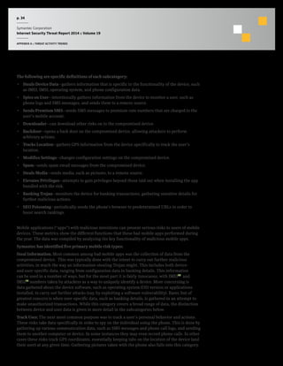 p. 34
Symantec Corporation
Internet Security Threat Report 2014 :: Volume 19
APPENDIX A :: THREAT ACTIVITY TRENDS
The following are specific definitions of each subcategory:
•  Steals Device Data—gathers information that is specific to the functionality of the device, such
as IMEI, IMSI, operating system, and phone configuration data.
•  Spies on User—intentionally gathers information from the device to monitor a user, such as
phone logs and SMS messages, and sends them to a remote source.
•  Sends Premium SMS—sends SMS messages to premium-rate numbers that are charged to the
user’s mobile account.
•  Downloader—can download other risks on to the compromised device.
•  Backdoor—opens a back door on the compromised device, allowing attackers to perform
arbitrary actions.
•  Tracks Location—gathers GPS information from the device specifically to track the user’s
location.
•  Modifies Settings—changes configuration settings on the compromised device.
•  Spam—sends spam email messages from the compromised device.
•  Steals Media—sends media, such as pictures, to a remote source.
•  Elevates Privileges—attempts to gain privileges beyond those laid out when installing the app
bundled with the risk.
•  Banking Trojan—monitors the device for banking transactions, gathering sensitive details for
further malicious actions.
•  SEO Poisoning—periodically sends the phone’s browser to predetermined URLs in order to
boost search rankings.
Mobile applications (“apps”) with malicious intentions can present serious risks to users of mobile
devices. These metrics show the different functions that these bad mobile apps performed during
the year. The data was compiled by analyzing the key functionality of malicious mobile apps.
Symantec has identified five primary mobile risk types:
Steal Information. Most common among bad mobile apps was the collection of data from the
compromised device. This was typically done with the intent to carry out further malicious
activities, in much the way an information-stealing Trojan might. This includes both device-
and user-specific data, ranging from configuration data to banking details. This information
can be used in a number of ways, but for the most part it is fairly innocuous, with IMEI20
and
IMSI21
numbers taken by attackers as a way to uniquely identify a device. More concerning is
data gathered about the device software, such as operating system (OS) version or applications
installed, to carry out further attacks (say, by exploiting a software vulnerability). Rarer, but of
greatest concern is when user-specific data, such as banking details, is gathered in an attempt to
make unauthorized transactions. While this category covers a broad range of data, the distinction
between device and user data is given in more detail in the subcategories below.
Track User. The next most common purpose was to track a user’s personal behavior and actions.
These risks take data specifically in order to spy on the individual using the phone. This is done by
gathering up various communication data, such as SMS messages and phone call logs, and sending
them to another computer or device. In some instances they may even record phone calls. In other
cases these risks track GPS coordinates, essentially keeping tabs on the location of the device (and
their user) at any given time. Gathering pictures taken with the phone also falls into this category.
 