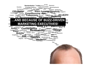 XHTML
                                 Standardization Taggaling
                                                     GoogleMaps      Basecamp
                 Simplicity                                                 Unwieldy
                                    Zengarden CssBeauty         Writeboard Meebo         Rememberthemilk
                                TagtaggerXHTML Basecamp Zimbra                     Tadalist
                   StumbleUpon
                                                 ZooZio Writely
                                          Unwieldy
                                                                           GTD         Backpack RSSReader
                                                                                                               Kiko
        CSS-Design      Wikis Focus on Simplicity
                    Cloudalicious
                 Tagcloud
                                        Wikipedia                                Netvibes
                                                                           Protopage
                                                                                          Flickr               Googel IG
     Accessability                                                                 Live.com
                CrowdSourcing Ajax
              Flock     Delicious                                     Collaboration         Widgets
                                                                                                  Etsy
                     Flickr Upcoming            Joy of Use
                 Folksonomy
   LinkedIn OpenBC
                   Squidoo Planzo                                Blinksale
                                                                               CraigList
                                                                               Fotolia Sharing Ebay                WASP

          Recommendation The Long Tail
 Simplicity    Firefox
                Ebay
                                          Usability          Pagerank
                                                                         UserCentred          MTurk
                                                                                                                 Google
                                                       FOAF                 Amazon PerpetualITunes
                                                                                                 Beta
      …AND BECAUSE OF BUZZ-DRIVEN
        Social Software
 LiveStreaming
          Orkut
                                                       Sixdegrees                                        PayPal RubyonRails

                 Blogs Participation
                                                XFN                                       Trust
         Friendster
                              Affiliation
                           Blogger
                               Typepad        Economy     Aggregation                                        VC
LastFM Digg
                   MARKETING EXECUTIVES!
                   Soflow
                 Read.IO
                                  Wordpress Mint
                                                  A9 Plazes                               Technocrati
                                                                           CostperClick Adsense
                                                                                          Simplebits         GMail
 Ipodder
                Podcasting
                               Qiro
                                       Measuremap
                                      Skype Gtalk Jabber
                                                          WEB 2.0 = Community
                                                               Liveliness
                                                                       XHTML
                                                                                           Stylegala
                                                                                                            9Rules
     Audio     Convergence
                  Odeo                                            IM              Basecamp Alistapart
                                                                               DataInside
    Castpost
      Video
              Itunes
                     Remixability
                    Vimeo Videocasting
                                      Tagcloud
                                                       Bit Torrent
                                                                       Unwieldy
                                                                            Fragmentation
                                                                                             Design
                                                                                             SEO
                                                                                                     Modularity
                                 Wifi                                                Syndication
                                                                                              XHTML
                                       Feedster UMTS          Yahoo Maps                             Rest
          Mobility                                         XHTML            Google Maps
                                                                      Basecamp                Unwieldy
                                                                                                         Basecamp
        GoogleMaps      Jaiku       Buzztracker
                                  XML                  CreativeCommonsTechnocrati          Web
                                          YouTube          Unwieldy
                RSS                           Gmaps Mashups
                  Twitter Google News Newsgator
                      OpenApis                                         Microformats.org
                                                                                           Standards
                      Bloglines MyYahoo Inorder    Google                 Icerocket Y3thing Semantic
                                           Amazon           Wink                              ChalkIT
                                                        DataDriven
                                                   Rollyo
                                                           Trendmapper
                                                                      Alexa
                                                                                  Pubsub Feedburner
                                                                                              Rojo
                                                                                                    Ning
                                                                                                      Soap
 