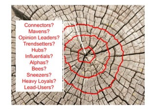 Connectors?
    Mavens?
Opinion Leaders?
 Trendsetters?
      Hubs?
  Influentials?
    Alphas?
      Bees?
   Sneezers?
 Heavy Loyals?
  Lead-Users?
 