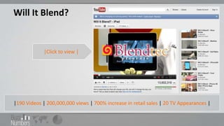 Will It Blend?


             |Click to view |




|190 Videos | 200,000,000 views | 700% increase in retail sales | 20 TV Appearances |
 