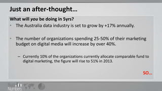 Just an after-thought…
What will you be doing in 5yrs?
• The Australia data industry is set to grow by +17% annually.

• The number of organizations spending 25-50% of their marketing
  budget on digital media will increase by over 40%.

    – Currently 10% of the organizations currently allocate comparable fund to
      digital marketing, the figure will rise to 51% in 2013.

                                                                          SO…
 