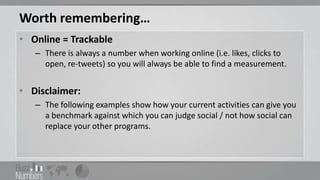Worth remembering…
• Online = Trackable
   – There is always a number when working online (i.e. likes, clicks to
     open, re-tweets) so you will always be able to find a measurement.


• Disclaimer:
   – The following examples show how your current activities can give you
     a benchmark against which you can judge social / not how social can
     replace your other programs.
 
