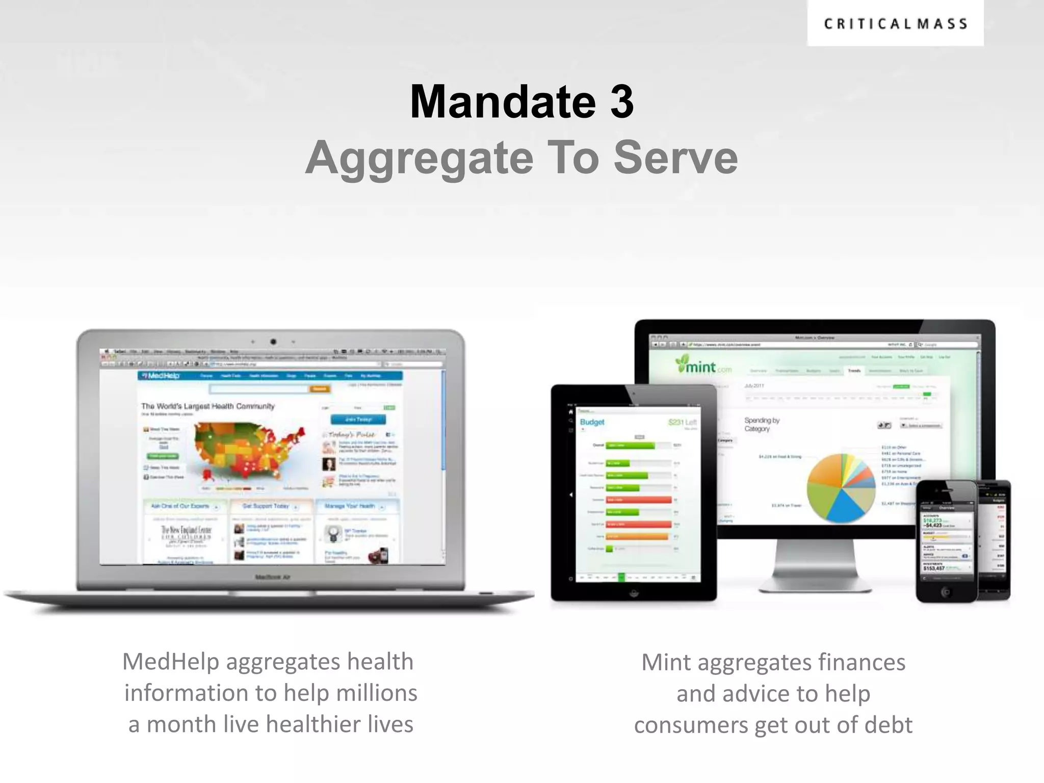 Mandate 3
                 Aggregate To Serve




MedHelp aggregates health        Mint aggregates finances
information to help millions        and advice to help
 a month live healthier lives   consumers get out of debt
 
