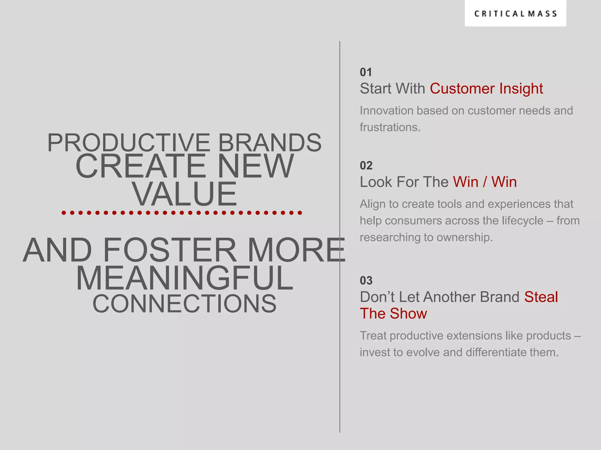 01
                     Start With Customer Insight
                     Innovation based on customer needs and
                     frustrations.
 PRODUCTIVE BRANDS
  CREATE NEW         02
                     Look For The Win / Win
    VALUE            Align to create tools and experiences that
                     help consumers across the lifecycle – from
                     researching to ownership.
AND FOSTER MORE
  MEANINGFUL         03
                     Don‟t Let Another Brand Steal
   CONNECTIONS       The Show
                     Treat productive extensions like products –
                     invest to evolve and differentiate them.
 