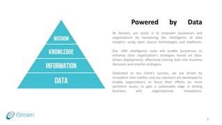 Powered by Data
At iStream, our vision is to empower businesses and
organizations by harnessing the intelligence of data
analytics using open source technologies and platforms.
Our i360 intelligence suite will enable businesses to
enhance their organization’s strategies based on data-
driven deployments, effectively turning data into business
decisions and smarter strategies.
Dedicated to our client’s success, we are driven by
innovation that matters and our solutions are developed to
enable organizations to focus their efforts on more
pertinent issues, to gain a sustainable edge in driving
business and organizational innovations.
3
 