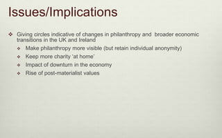 Issues/Implications 
 Giving circles indicative of changes in philanthropy and broader economic 
transitions in the UK an...
