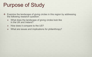 Purpose of Study 
 Examine the landscape of giving circles in this region by addressing 
the following research question:...