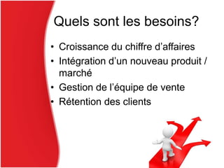 Quels sont les besoins?
• Croissance du chiffre d’affaires
• Intégration d’un nouveau produit /
marché
• Gestion de l’équipe de vente
• Rétention des clients
 