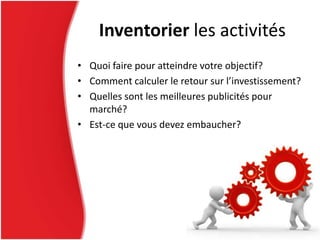 • Quoi faire pour atteindre votre objectif?
• Comment calculer le retour sur l’investissement?
• Quelles sont les meilleures publicités pour
marché?
• Est-ce que vous devez embaucher?
Inventorier les activités
 
