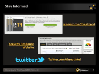 Stay Informed



                                                              symantec.com/threatreport




     Security Response
               Website


                                                    Twitter.com/threatintel


Internet Security Threat Report 2013 :: Volume 18                                    38
 