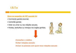 I.S.T.s
Deve-se suspeitar de IST quando há:
•  Corrimento genital anormal;
•  Comichão genital;
•  Ardor ao urinar ou nas relações sexuais;
•  Feridas, borbulhas ou inchaços nos órgãos genitais;

• Consultar o médico
• Evitar relações sexuais
• Avisar as pessoas com quem teve relações sexuais

 