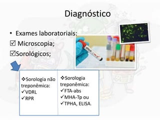 Diagnóstico
• Exames laboratoriais:
 Microscopia;
Sorológicos;
Sorologia não
treponêmica:
VDRL
RPR
Sorologia
treponêmica:
FTA-abs
MHA-Tp ou
TPHA, ELISA.
 