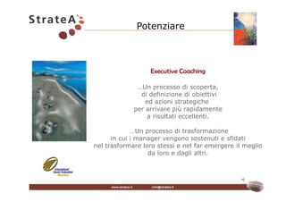 Potenziare



                  Executive Coaching

              …Un processo di scoperta,
               di definizione di obiettivi
                 ed azioni strategiche
             per arrivare più rapidamente
                  a risultati eccellenti.

             …Un processo di trasformazione
      in cui i manager vengono sostenuti e sfidati
nel trasformare loro stessi e nel far emergere il meglio
                  da loro e dagli altri.



                                                10
 