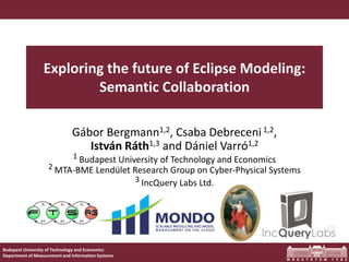 Semantic Collaboration for Eclipse Modeling
Budapest University of Technology and Economics
Department of Measurement and Information Systems
Exploring the future of Eclipse Modeling:
Semantic Collaboration
Gábor Bergmann1,2, Csaba Debreceni1,2,
István Ráth1,3 and Dániel Varró1,2
1 Budapest University of Technology and Economics
2 MTA-BME Lendület Research Group on Cyber-Physical Systems
3 IncQuery Labs Ltd.
 