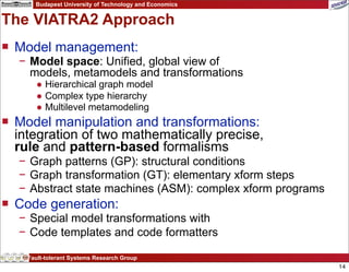 Budapest University of Technology and Economics


The VIATRA2 Approach
 Model management:
  − Model space: Unified, global view of
    models, metamodels and transformations
      ● Hierarchical graph model
      ● Complex type hierarchy
      ● Multilevel metamodeling
 Model manipulation and transformations:
  integration of two mathematically precise,
  rule and pattern-based formalisms
  − Graph patterns (GP): structural conditions
  − Graph transformation (GT): elementary xform steps
  − Abstract state machines (ASM): complex xform programs
 Code generation:
  − Special model transformations with
  − Code templates and code formatters

    Fault-tolerant Systems Research Group
                                                            14
 