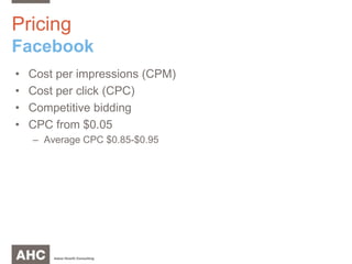PricingFacebookCost per impressions (CPM)Cost per click (CPC)Competitive biddingCPC from $0.05Average CPC $0.85-$0.95