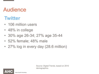 Audience	Twitter106 million users48% in college30% age 26-34; 27% age 35-4452% female; 48% male27% log in every day (28.6 million)Source: Digital Trends, based on 2010 demographics