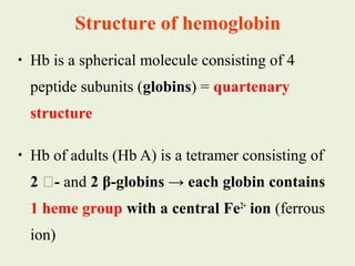 • Hb is a spherical molecule consisting of 4
peptide subunits (globins) = quartenary
structure
• Hb of adults (Hb A) is a tetramer consisting of
2 - and 2 β-globins → each globin contains
1 heme group with a central Fe2+
ion (ferrous
ion)
Structure of hemoglobin
 