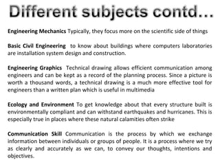 Engineering Mechanics Typically, they focus more on the scientific side of things
Basic Civil Engineering to know about buildings where computers laboratories
are installation system design and construction.
Engineering Graphics Technical drawing allows efficient communication among
engineers and can be kept as a record of the planning process. Since a picture is
worth a thousand words, a technical drawing is a much more effective tool for
engineers than a written plan which is useful in multimedia
Ecology and Environment To get knowledge about that every structure built is
environmentally compliant and can withstand earthquakes and hurricanes. This is
especially true in places where these natural calamities often strike
Communication Skill Communication is the process by which we exchange
information between individuals or groups of people. It is a process where we try
as clearly and accurately as we can, to convey our thoughts, intentions and
objectives.
 