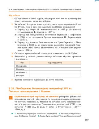 187
§ 26. Лівобережна Гетьманщина наприкінці XVII ст. Початок гетьманування І. Мазепи
Хід роботи
	1.	Об’єднайтеся в  малі групи, обговоріть свої есе та презентуйте
класу висновки, яких ви дійшли.
	2.	Українські історики мають різні думки щодо періодизації до-
би Руїни. Яка з  них вам здається найбільш доцільною?
1)	 Період від смерті Б.  Хмельницького в  1657  р. до початку
гетьманування І.  Мазепи в  1687  р.
2)	 Період від придушення повстання Пушкаря і  Барабаша
в  1658  р. до складання булави гетьманом П.  Дорошенком
у  1676  р.
3)	 Період від розколу Гетьманщини на Правобережну і  Ліво-
бережну в 1663 р. до остаточного розподілу території Геть-
манщини між Річчю Посполитою та Московською держа-
вою в  1686  р.
	3.	Складіть хронологічний ланцюжок ключових подій Руїни.
	4.	Заповніть у зошиті узагальнюючу таблицю «Руїна: причини
і  наслідки».
План Характеристика
Передумови
Причини
Особливості
Наслідки
	5.	Зробіть висновок відповідно до мети заняття.
§ 26. Лівобережна Гетьманщина наприкінці XVII  ст.
Початок гетьманування І.  Мазепи

Опрацювавши цей параграф, ви зможете: розкрити умови Ко-
ломацьких статей і обставини їх укладення; охарактеризува-
ти постать гетьмана І.  Мазепи та початок його гетьмануван-
ня; з’ясувати становище Гетьманщини наприкінці XVII — на
початку XVIII  ст., її роль у  війні з  Туреччиною (1687—
1700  рр.).
 1. Яку політику проводив гетьман І. Самойлович?  2. Як виникла та розвива­
лася Слобідська Україна?  3. Якими були наслідки Руїни для Правобережжя?
 