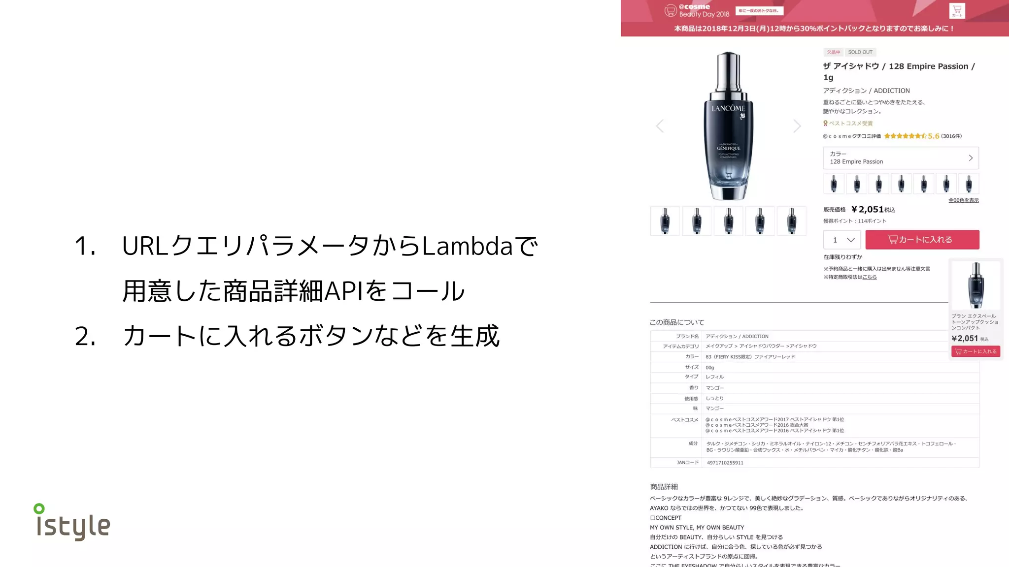 1. URLクエリパラメータからLambdaで
用意した商品詳細APIをコール
2. カートに入れるボタンなどを生成
 