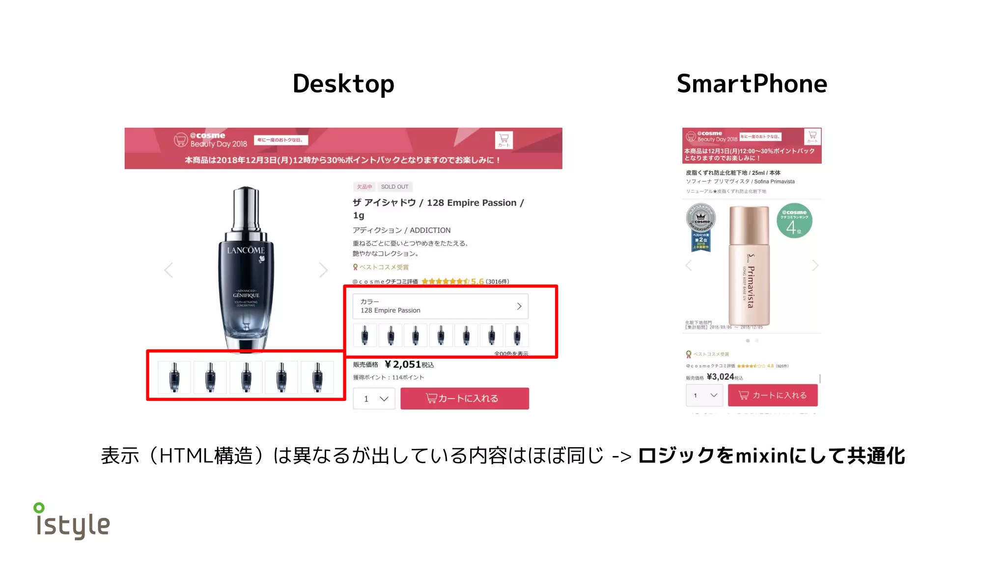 Desktop SmartPhone
表示（HTML構造）は異なるが出している内容はほぼ同じ -> ロジックをmixinにして共通化
 