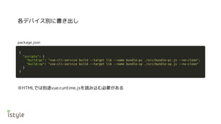 各デバイス別に書き出し
package.json
※HTMLでは別途vue.runtime.jsを読み込む必要がある
 