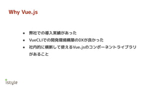 Why Vue.js
● 弊社での導入実績があった
● VueCLIでの開発環境構築のDXが良かった
● 社内的に横断して使えるVue.jsのコンポーネントライブラリ
があること
 