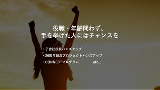 役職・年齢問わず、
手を挙げた人にはチャンスを
・子会社役員ハンズアップ
・20周年記念プロジェクトハンズアップ
・CONNECTプログラム etc...
 