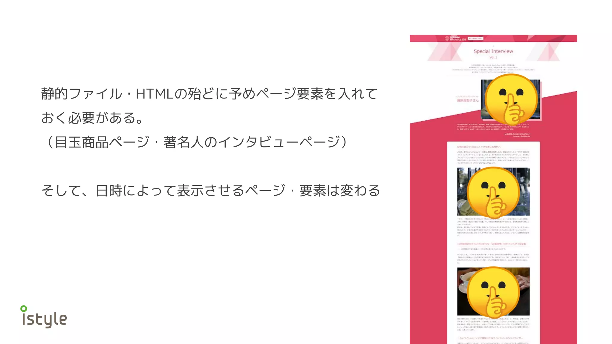 静的ファイル・HTMLの殆どに予めページ要素を入れて
おく必要がある。
（目玉商品ページ・著名人のインタビューページ）
そして、日時によって表示させるページ・要素は変わる
 