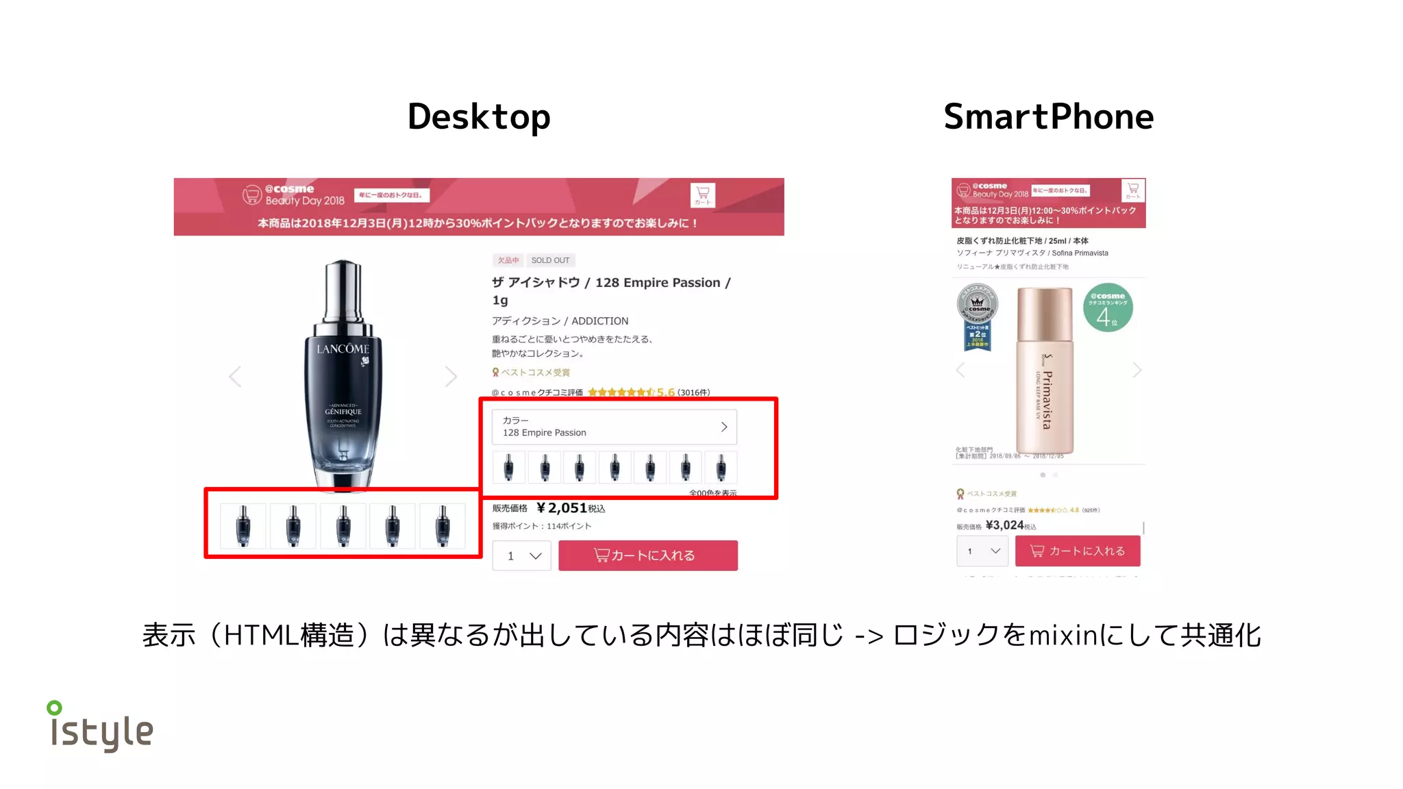 Desktop SmartPhone
表示（HTML構造）は異なるが出している内容はほぼ同じ -> ロジックをmixinにして共通化
 
