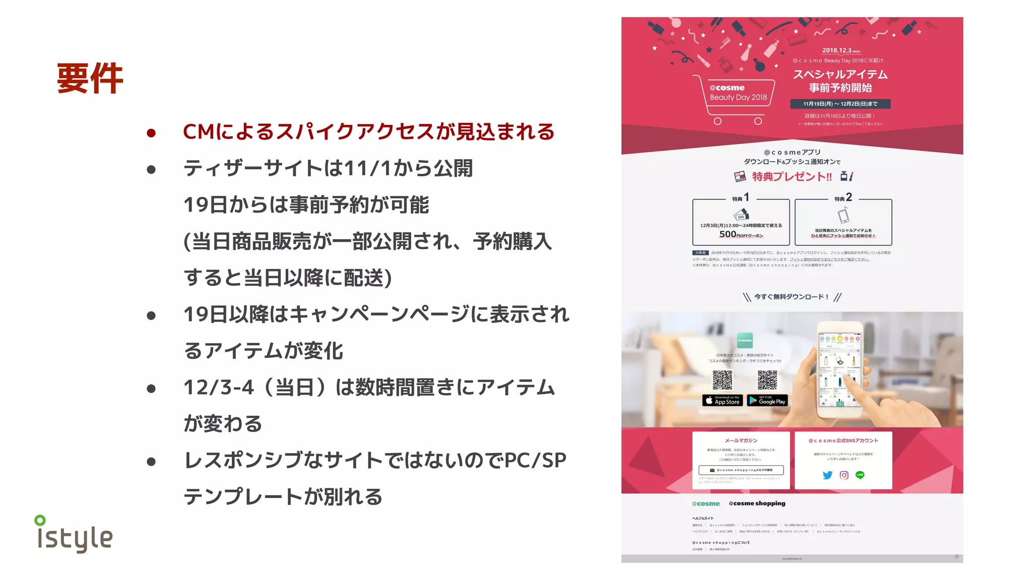 要件
● CMによるスパイクアクセスが見込まれる
● ティザーサイトは11/1から公開
19日からは事前予約が可能
(当日商品販売が一部公開され、予約購入
すると当日以降に配送)
● 19日以降はキャンペーンページに表示され
るアイテムが変化
● 12/3-4（当日）は数時間置きにアイテム
が変わる
● レスポンシブなサイトではないのでPC/SP
テンプレートが別れる
 