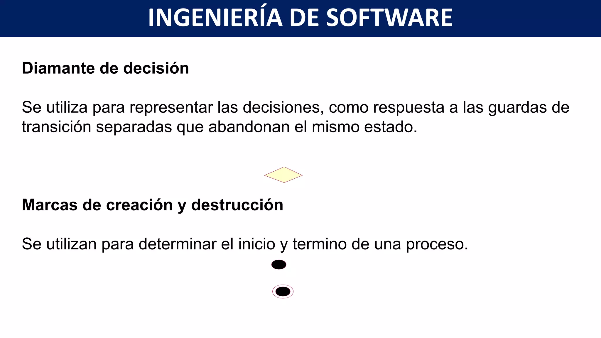 Diamante de decisión
Se utiliza para representar las decisiones, como respuesta a las guardas de
transición separadas que abandonan el mismo estado.
Marcas de creación y destrucción
Se utilizan para determinar el inicio y termino de una proceso.
INGENIERÍA DE SOFTWARE
 