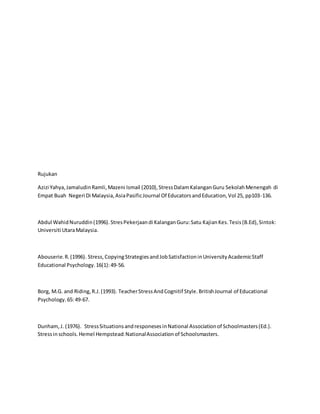 Rujukan
Azizi Yahya,JamaludinRamli,Mazeni Ismail (2010),StressDalamKalanganGuru SekolahMenengah di
Empat Buah Negeri Di Malaysia,AsiaPasificJournal Of EducatorsandEducation,Vol 25, pp103-136.
Abdul WahidNuruddin(1996).StresPekerjaandi KalanganGuru:Satu KajianKes.Tesis(B.Ed),Sintok:
Universiti UtaraMalaysia.
Abouserie.R.(1996). Stress,CopyingStrategiesandJobSatisfactioninUniversityAcademicStaff
Educational Psychology.16(1):49-56.
Borg, M.G. and Riding,R.J.(1993). TeacherStressAndCognitif Style.BritishJournal of Educational
Psychology.65:49-67.
Dunham,J. (1976). StressSituationsandresponesesinNational Associationof Schoolmasters(Ed.).
Stressinschools.Hemel Hempstead:NationalAssociationof Schoolsmasters.
 